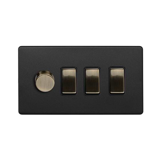 Soho Lighting Matt Black and Antique Brass 4 Gang Switch with 1 Dimmer (1x150W LED Dimmer 3x20A Switch)