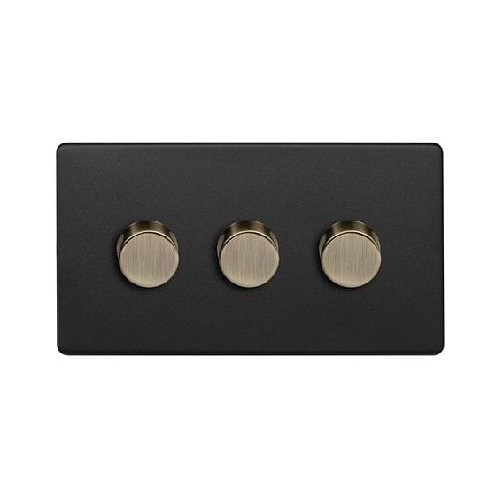 Soho Lighting Matt Black and Antique Brass 3 Gang 2- Way Intelligent Dimmer 150W LED (300W Halogen/Incandescent)