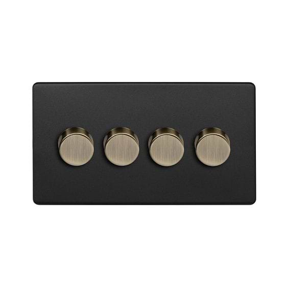 Soho Lighting Matt Black and Antique Brass 4 Gang 2- Way Intelligent  Dimmer Switch 150W LED (300W Halogen/Incandescent)