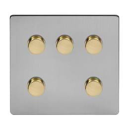 Soho Lighting Brushed Chrome & Brushed Brass 5 Gang Dimmer Switch 150W LED Trailing Edge Dimmer Screwless 