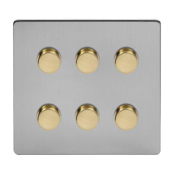 Soho Lighting Brushed Chrome & Brushed Brass Flat Plate 6 Gang 2 Way Intelligent Trailing Dimmer Switch Screwless 150W LED (400w Halogen/Incandescent) 