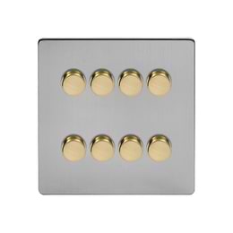Soho Lighting Brushed Chrome & Brushed Brass Flat Plate 8 Gang 2 Way Intelligent Trailing Dimmer Switch Screwless 150W LED (400w Halogen/Incandescent) 