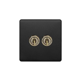 Matt Black and Antique Brass 2 Gang Toggle Light Switch
