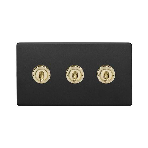 Soho Lighting Matt Black & Brushed Brass 20A 3 Gang 2 Way Toggle Switch Screwless