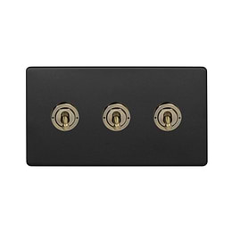 Matt Black and Antique Brass 3 Gang Toggle Light Switch
