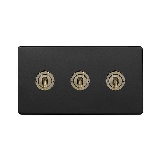 Matt Black and Antique Brass 3 Gang Toggle Light Switch

