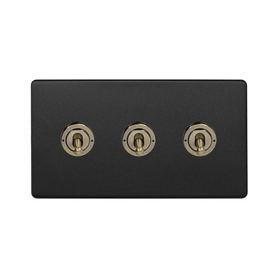 Soho Lighting Matt Black and Antique Brass 3 Gang Intermediate Toggle Switch