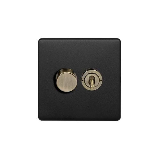 Soho Lighting Matt Black and Antique Brass 2 Gang Dimmer and Toggle Switch Combo (1x150W LED Dimmer 1x20A 2 Way Toggle)