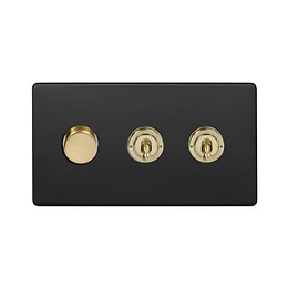 Soho Lighting Matt Black & Brushed Brass 3 Gang Switch with 1 Dimmer (1x150W LED Dimmer 2x20A 2 Way Toggle)
