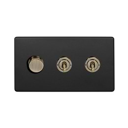 Soho Lighting Matt Black and Antique Brass 3 Gang Switch with 1 Dimmer (1x150W LED Dimmer 2x20A 2 Way Toggle)