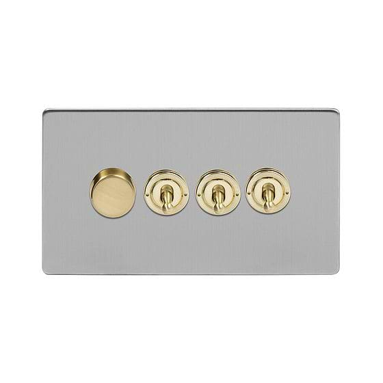 Soho Lighting Brushed Chrome & Brushed Brass 4 Gang Switch with 1 Dimmer (1x150W LED Dimmer 3x20A 2 Way Toggle) 