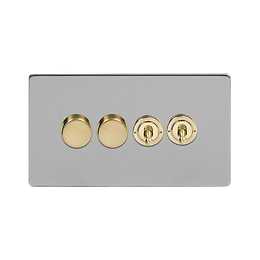 Soho Lighting Brushed Chrome & Brushed Brass 4 Gang Switch with 2 Dimmers (2x150W LED Dimmer 2x20A 2 Way Toggle) 