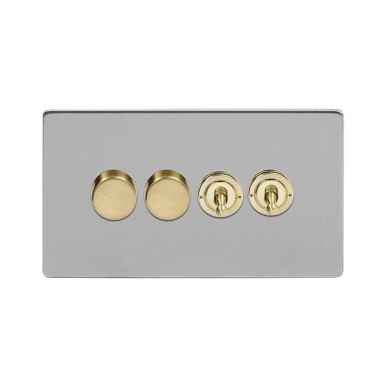 Soho Lighting Brushed Chrome & Brushed Brass 4 Gang Switch with 2 Dimmers (2x150W LED Dimmer 2x20A 2 Way Toggle) 