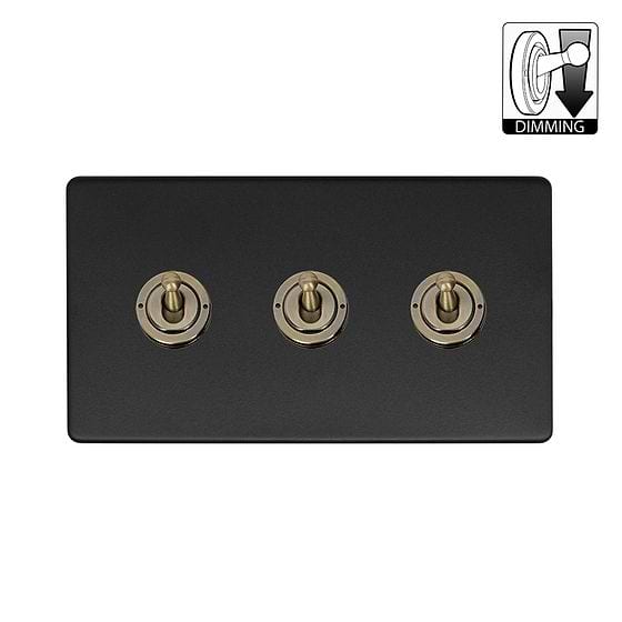 Matt Black and Antique Brass 3 Gang Dimming Toggle Switch
