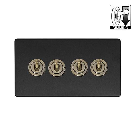 Matt Black and Antique Brass 4 Gang Dimming Toggle Switch
