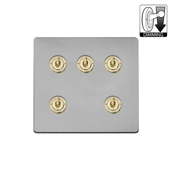 Brushed Chrome and Brass 5 Gang Dimming Toggle Switch
