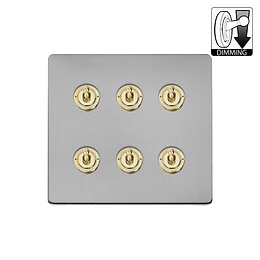 Brushed Chrome and Brass 6 Gang Dimming Toggle Switch
