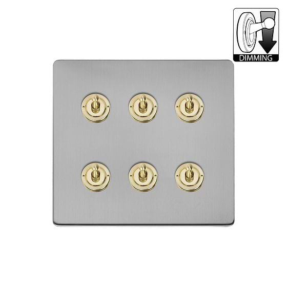 Brushed Chrome and Brass 6 Gang Dimming Toggle Switch
