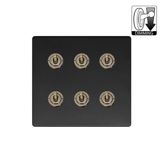 Matt Black and Antique Brass 6 Gang Dimming Toggle Switch
