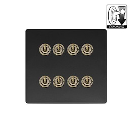 Matt Black and Antique Brass 8 Gang Dimming Toggle Switch
