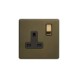 Soho Lighting Bronze & Brushed Brass 13A 1 Gang Switched Socket, DP Black Inserts Screwless