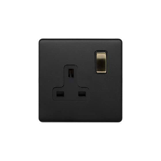 Soho Lighting Matt Black and Antique Brass 1 Gang Double Pole Socket Single 13A