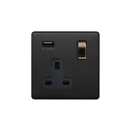 Soho Lighting Matt Black and Antique Brass 1 Gang 13A SP Socket with USB-A 3.1A