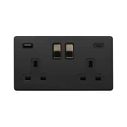 Soho Lighting Matt Black and Antique Brass 2 Gang USB  A+C Socket (13A Socket + 2 USB Ports A+C 3.1A)