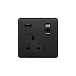 Soho Lighting Matt Black and Antique Brass 13A 1 Gang Double Pole Switched USB Socket (USB Output 2.1amp)