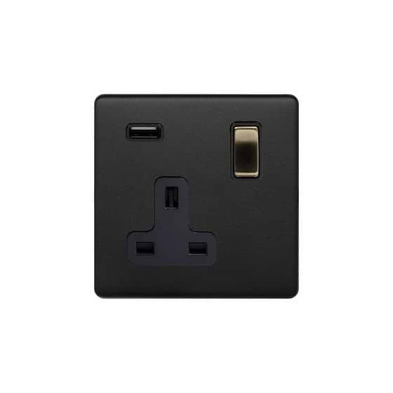 Soho Lighting Matt Black and Antique Brass 13A 1 Gang Double Pole Switched USB Socket (USB Output 2.1amp)