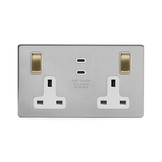 Soho Lighting Brushed Chrome & Brushed Brass 2 Gang 65W USB C+C Socket (13A Socket + 2 USB C Ports)