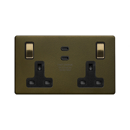 Soho Lighting Bronze & Brushed Brass 2 Gang 65W USB C+C Socket (13A Socket + 2 USB C Ports)