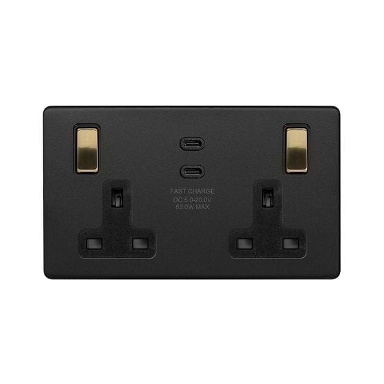 Soho Lighting Matt Black & Brushed Brass 2 Gang 65W USB C+C Socket (13A Socket + 2 USB C Ports)