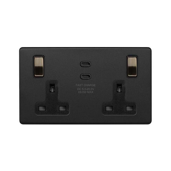 Soho Lighting Matt Black & Antique Brass 2 Gang 65W USB C+C Socket (13A Socket + 2 USB C Ports)