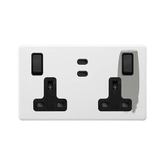 Soho Lighting Primed Paintable 2 Gang 65W USB C+C Socket (13A Socket + 2 USB C Ports) with Matt Black Switch