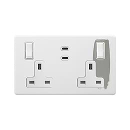 Soho Lighting Primed Paintable 2 Gang 65W USB C+C Socket (13A Socket + 2 USB C Ports)  with White Switch
