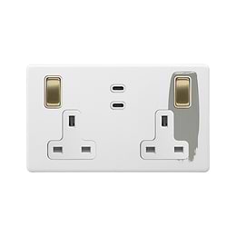 Soho Lighting Primed Paintable 2 Gang 65W USB C+C Socket (13A Socket + 2 USB C Ports)  with Brushed Brass Switch with White Insert