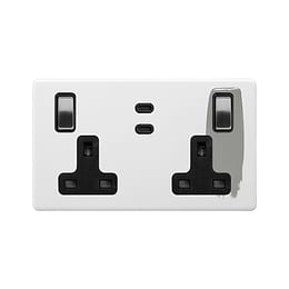 Soho Lighting Primed Paintable 2 Gang 65W USB C+C Socket (13A Socket + 2 USB C Ports)  with Brushed Chrome Switch with Black Insert