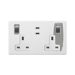 Soho Lighting Primed Paintable 2 Gang 65W USB C+C Socket (13A Socket + 2 USB C Ports)  with Brushed Chrome Switch with White Insert