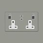 Soho Lighting Primed Paintable 2 Gang 65W USB C+C Socket (13A Socket + 2 USB C Ports) with Brushed Chrome Switch with White Insert