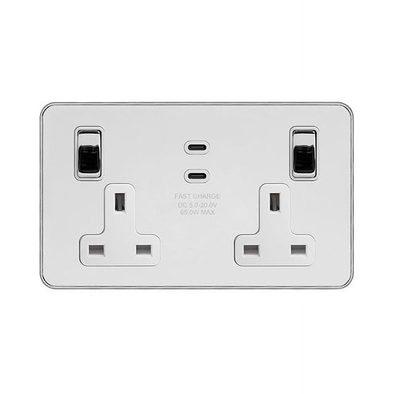 Soho Lighting White & Polished Chrome With Chrome Edge 2 Gang 65W USB C+C Socket (13A Socket + 2 USB C Ports) White Inserts
