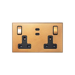 Soho Lighting Natural Brass 2 Gang 13A Switched Socket 65W Max PD C+C USB Charging with Black Insert  - The Palaces Collection
