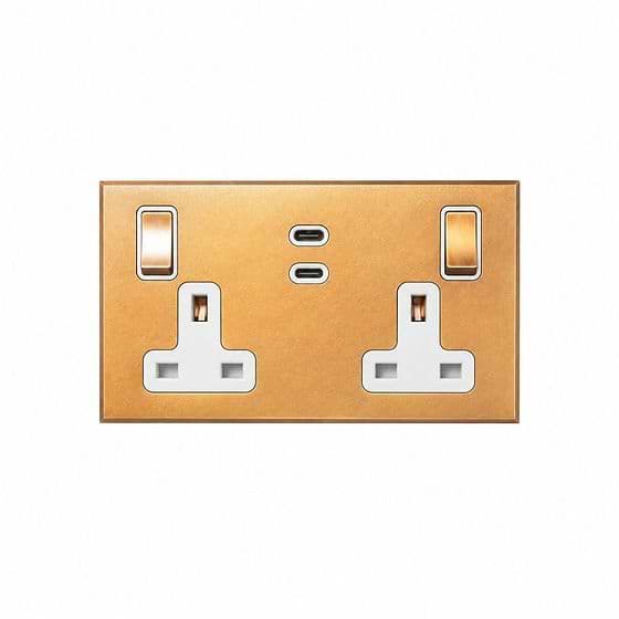 Soho Lighting Natural Brass 2 Gang 13A Switched Socket 65W Max PD C+C USB Charging with White Insert  - The Palaces Collection