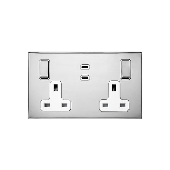 Soho Lighting Nickel 2 Gang 13A Switched Socket 65W Max PD C+C USB Charging with White Insert - The Palaces Collection
