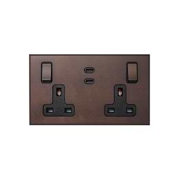 Soho Lighting Heritage Bronze 2 Gang 13A Switched Socket 65W Max PD C+C USB Charging with Black Insert  - The Palaces Collection