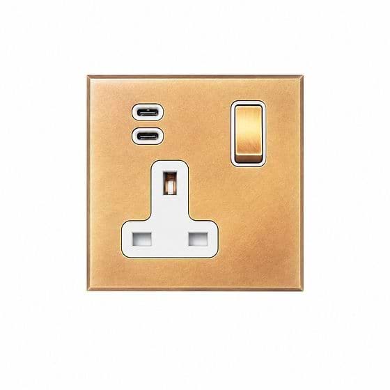 Soho Lighting Natural Brass 1 Gang 13A Double Pole Switched Socket 3.1A Type C+C USB Charging with White Insert  - The Palaces Collection