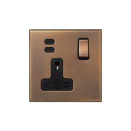 Soho Lighting Aged Brass 1 Gang 13A Double Pole Switched Socket 3.1A Type C+C USB Charging with Black Insert  - The Palaces Collection