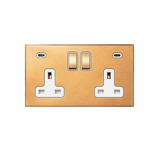 Soho Lighting Natural Brass 2 Gang 13A Double Pole Switched Socket 4.8A Type C+C USB Charging with White Insert  - The Palaces Collection