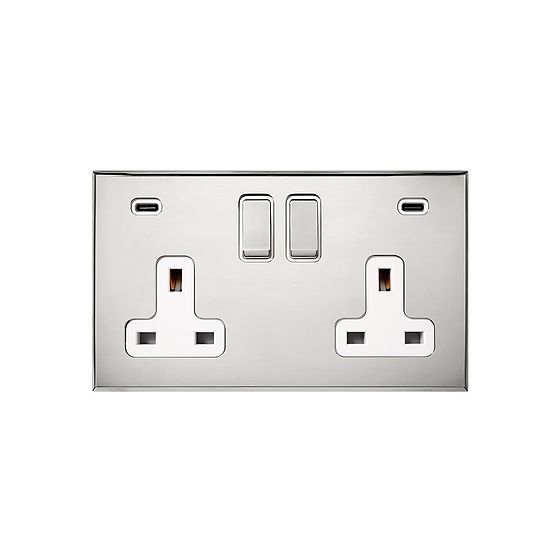 Soho Lighting Nickel 2 Gang 13A Double Pole Switched Socket 4.8A Type C+C USB Charging with White Insert - The Palaces Collection
