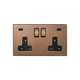 Soho Lighting Aged Brass 2 Gang 13A Double Pole Switched Socket 4.8A Type C+C USB Charging with Black Insert  - The Palaces Collection